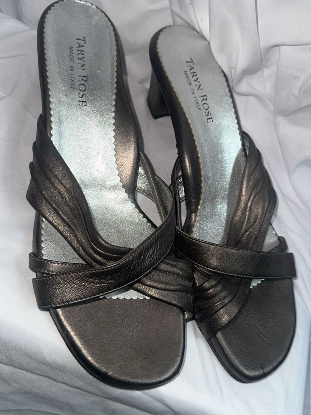 Taryn Rose Metallic Black Leather Heeled Slide Mules